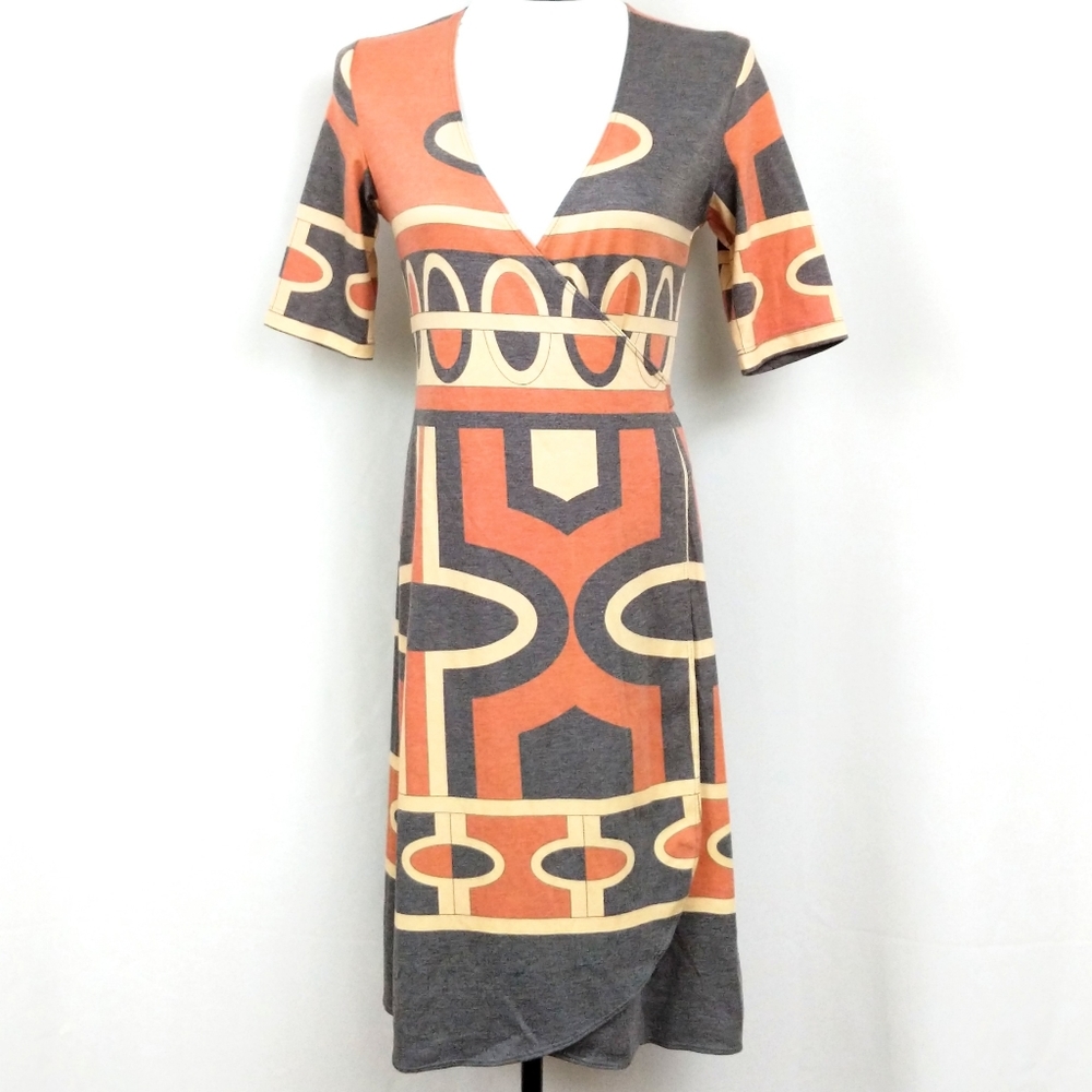 Paganne Wrap Dress Short Sleeve  Geometric Art Deco Gray Orange Packable XS NWT